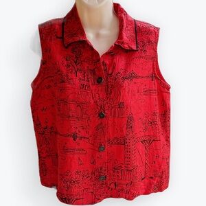 Urban Toile Big Apple NYC Red/Black Cityscape Button Sleeveless Top Tokens ~ L?